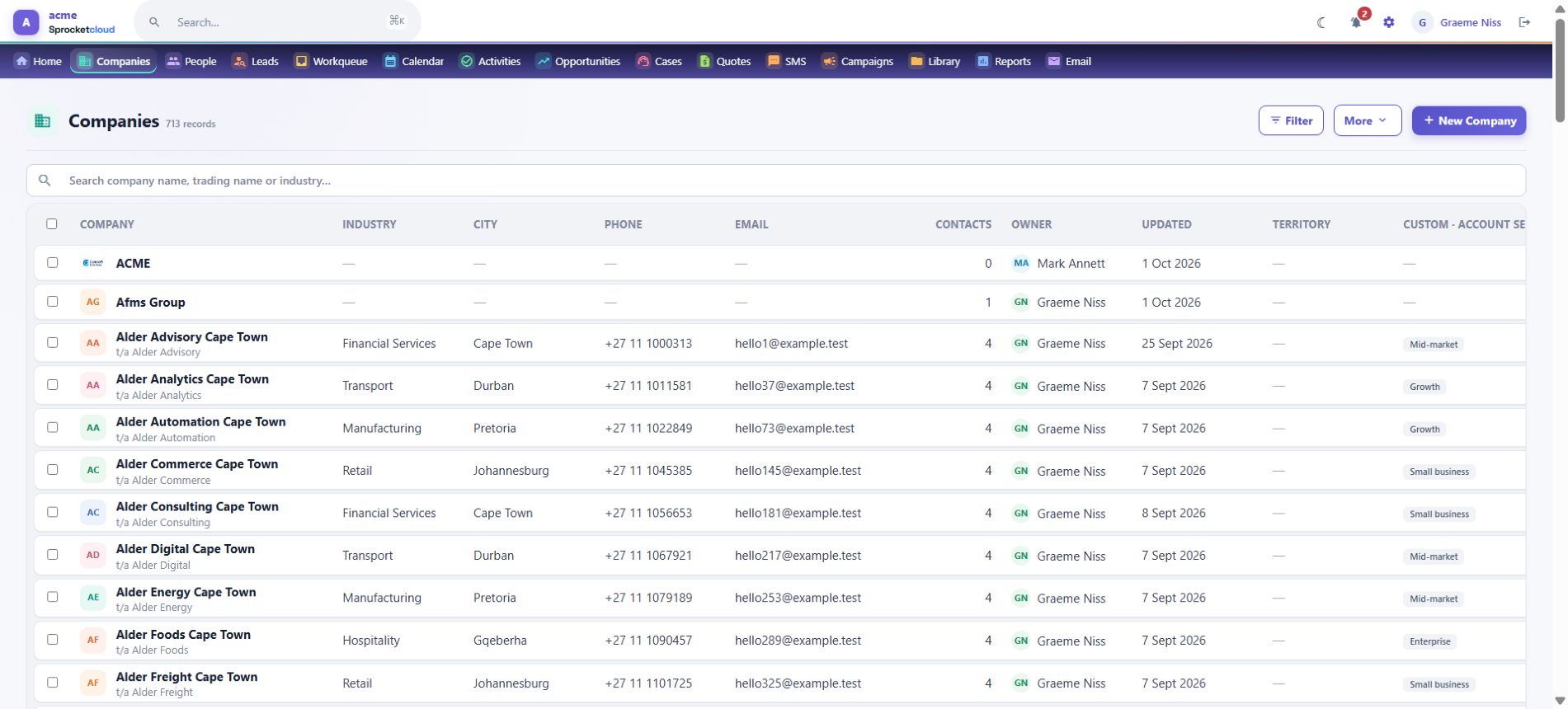 Sprocket Cloud CRM Companies screen